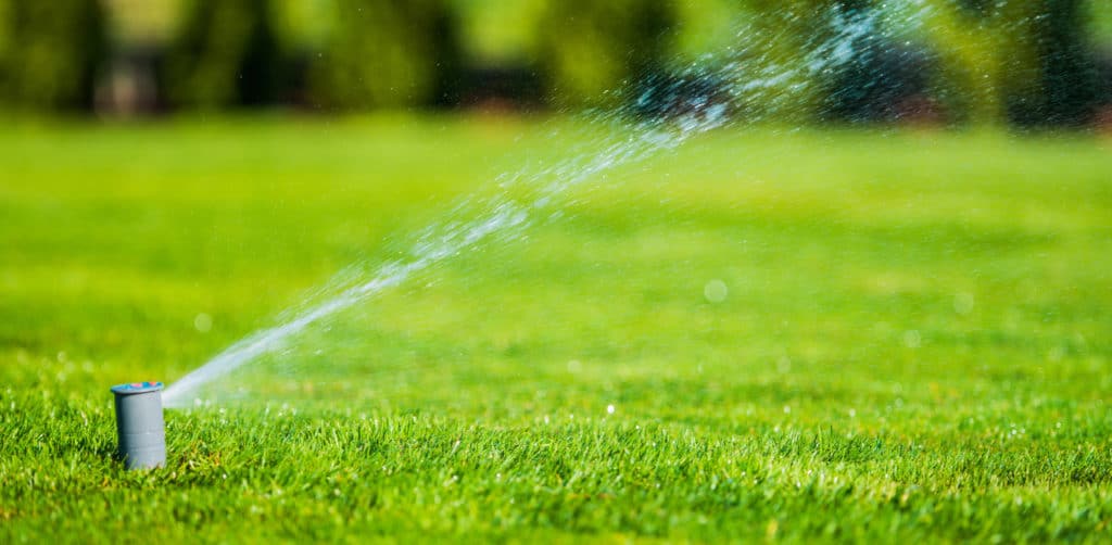 A sprinkler watering a beautiful green lawn in Wayzata, Minnesota, by Scott's Lawn Care.