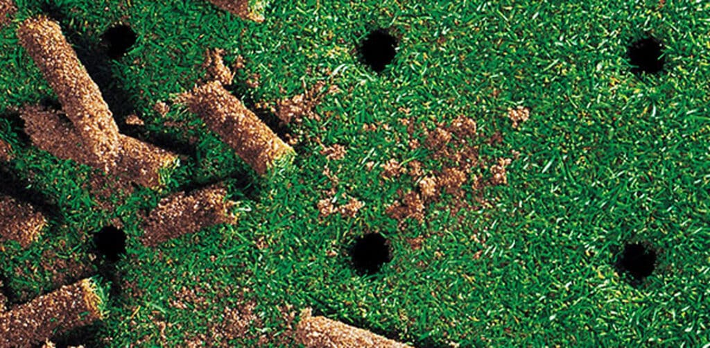 Close up of dirt plugs and hole on an aerated grass lawn
